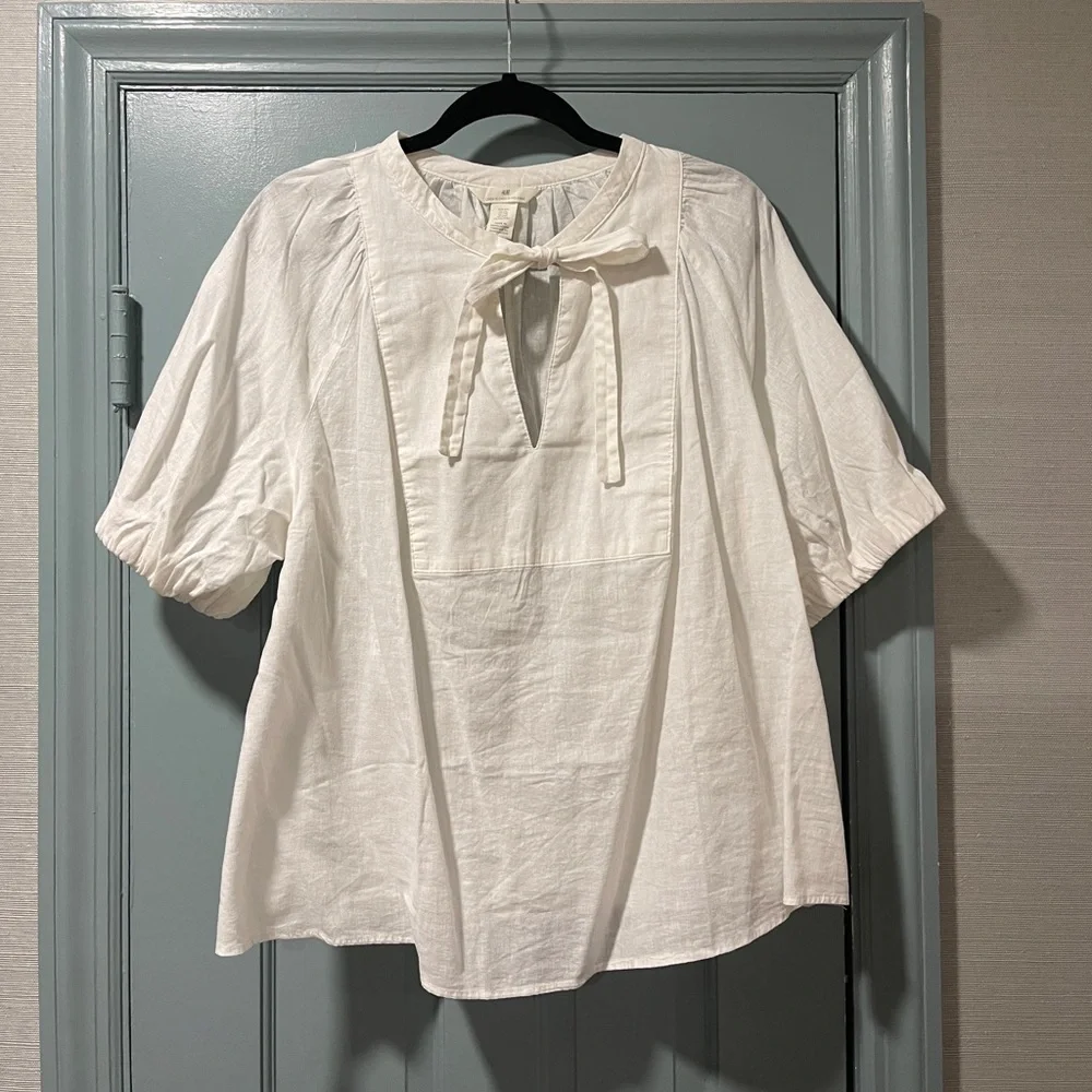 Tie front bow puffy sleeve shirt - Picture 7 of 7